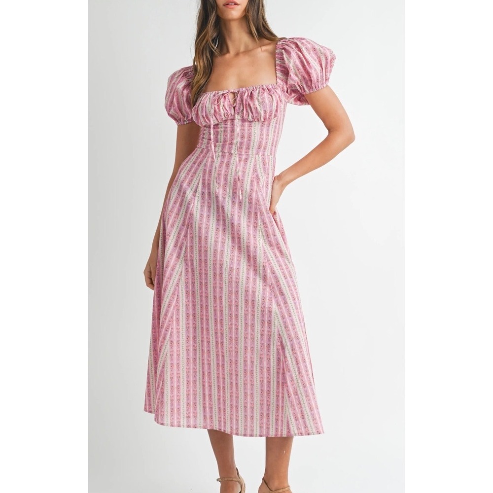 Mable Pink Floral Puff Sleeve Midi Dress Cottagecore Prairie Small milkmaid